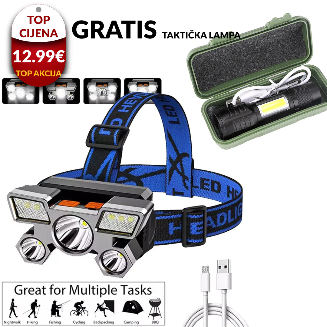Naglavna lampa s 5LEDica+ GRATIS Taktička lampa