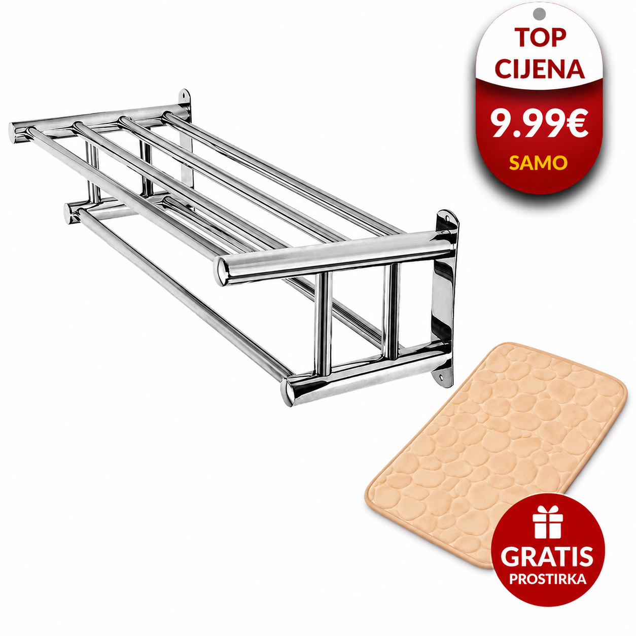 Veliki Kromirani Držač Ručnika+Kupaonska prostirka